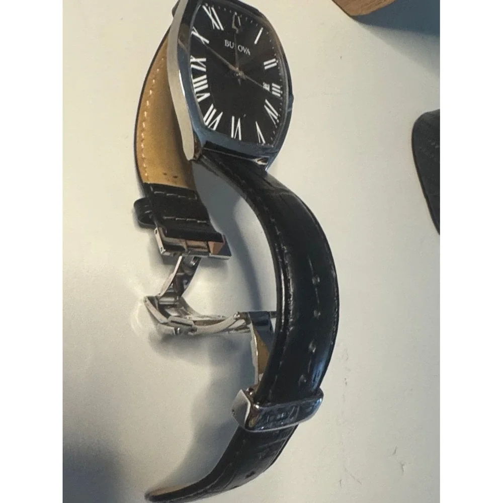 Bulova Watch Mens OS Black Roman Numeral Tonneau Leather Strap 96B290‎